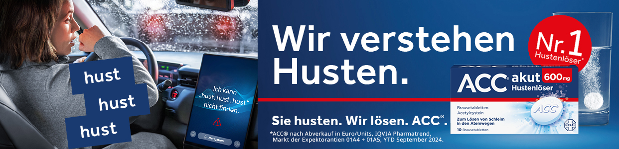 Brausetablette löst sich in Wasser auf. ACC akut 600mg Packung. Text: Nr. 1 Hustenlöser.